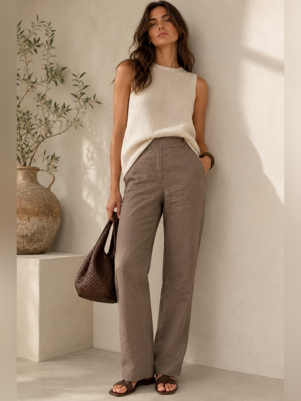 EILEEN FISHER Organic Linen Cocoa Trousers Boho Pants Straight Leg Pockets 10 M